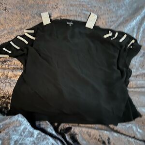 1X Embellished Black Women's Top with Rhinestone Straps